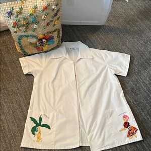 Vintage 1970’s open front shirt & tote bag from Jamaica colorful embroidery.